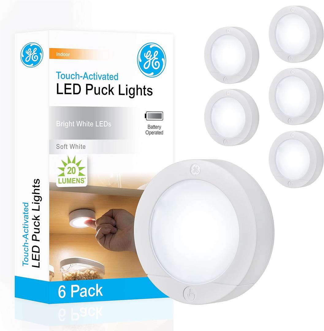 GE Wireless LED Puck Lights, Battery Operated, 20 Lumens, Touch Light, Tap Light, Stick On Lights, Under Cabinet Lighting, Ideal for Kitchen Cabinets, Closets, Garage, 6 Pack, 45994 (White)