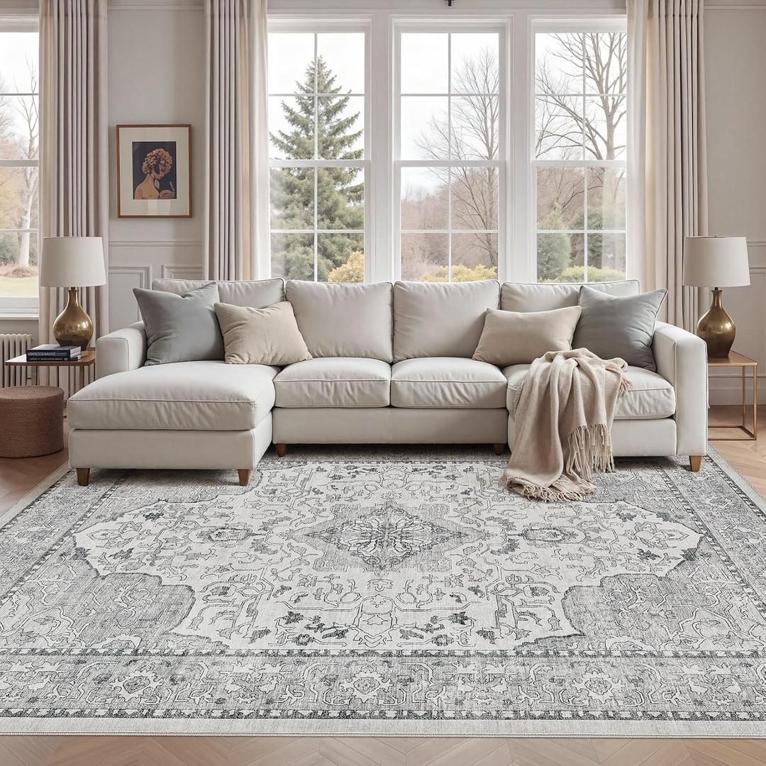 Cotiled 10x12 Area Rug Machine Washable Vintage Carpet for Living Room Bedroom Soft Non-Slip Backing Floor Mat Kid & Pet Friendly Stain Resistant Grey