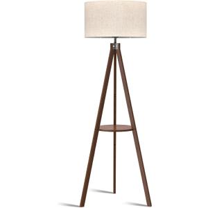 LEPOWER Mid Century Wood Standing Lamp, Modern Design Shelf Floor Lamp for Living Room, Bedroom, Office, Flaxen Shade with E26 Base, Perfect for Reading or Ambient Lighting Dark Brown