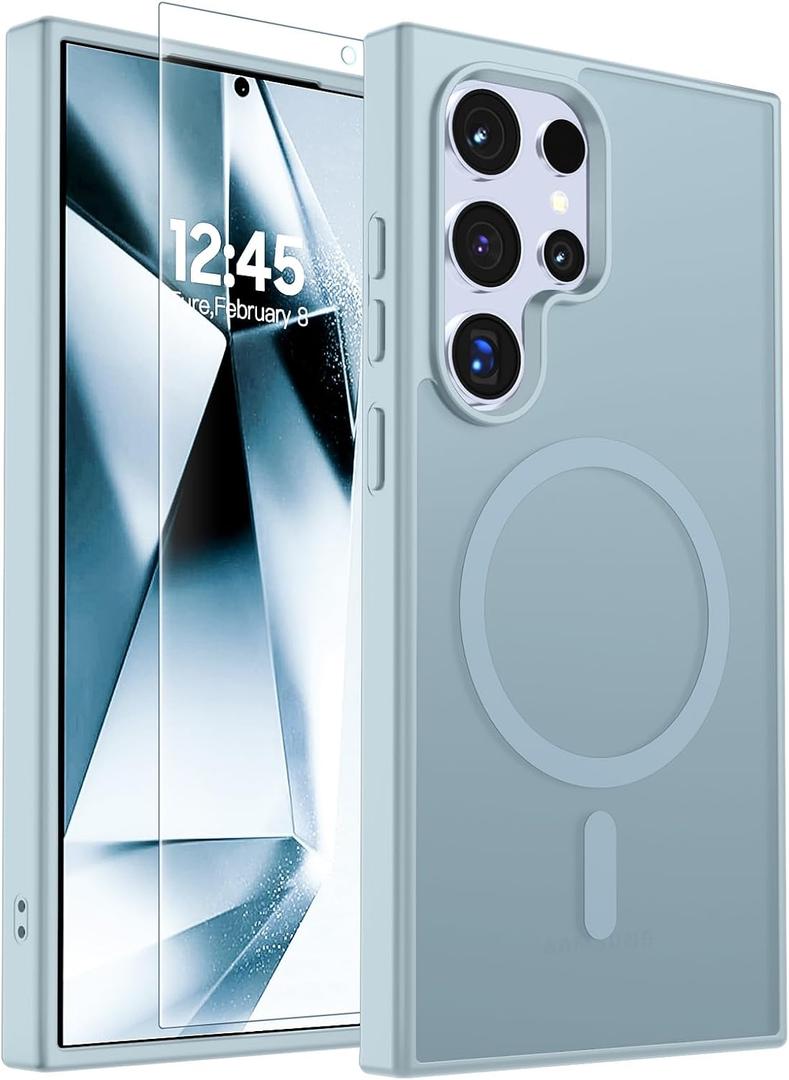 SUPFINE Magnetic for Samsung Galaxy S24 Ultra Case with Screen Protector, (Built-in Magnets) (Military Grade Drop Protection) Slim Translucent Shockproof Phone Case,Sliver Blue