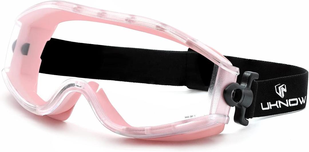 UKNOW Safety Goggles Over Glasses - Anti-Fog Clear Lens - ANSI Z87.1 Certified Eye Protection for Lab Work, Industrial Use (Pink)