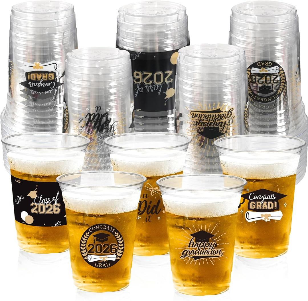 50 Pack Graduation Decorations Class of 2026, 16 Oz Black and Gold Clear Plastic Cups Disposable Party Cups for Drinks 2026 School Grad Party Favors Supplies
