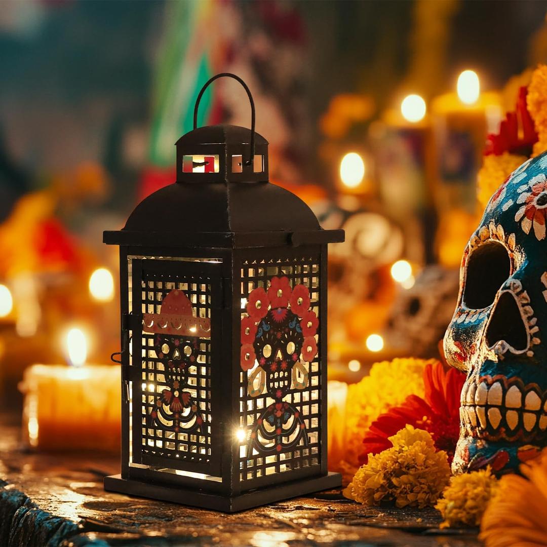 Day of The Dead Decorations, DECORKEY 13.4 Decorative Skull Women&Men Candle Lantern with 60" Lights(No Battery), Tabletop&Hanging Lantern for Indoor&Outdoor Yard Altar Table Party Halloween Decor