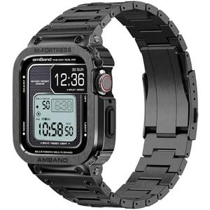 amBand Stainless Steel Band and Case Compatible with Apple Watch Series 9/8/7 45mm, Moving Fortress Pro Rugged Protective Bumper Luxury Metal Cover and Link for iWatch Men Black