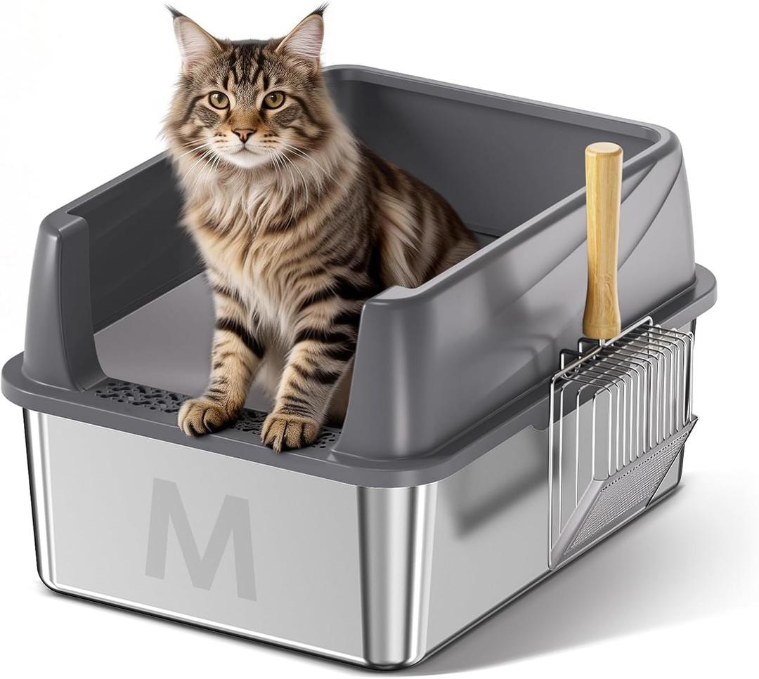 Stainless Steel Litter Box with Lid: Metal Cat Litter Box for Small Cats with Scoop, High Sided Kitty Litter Pan Tray, 17.4'' x 13.5'' x 8.5'', Non-Stick, Anti-Leakage, Easy Cleaning (Dark Gray) (Medium)