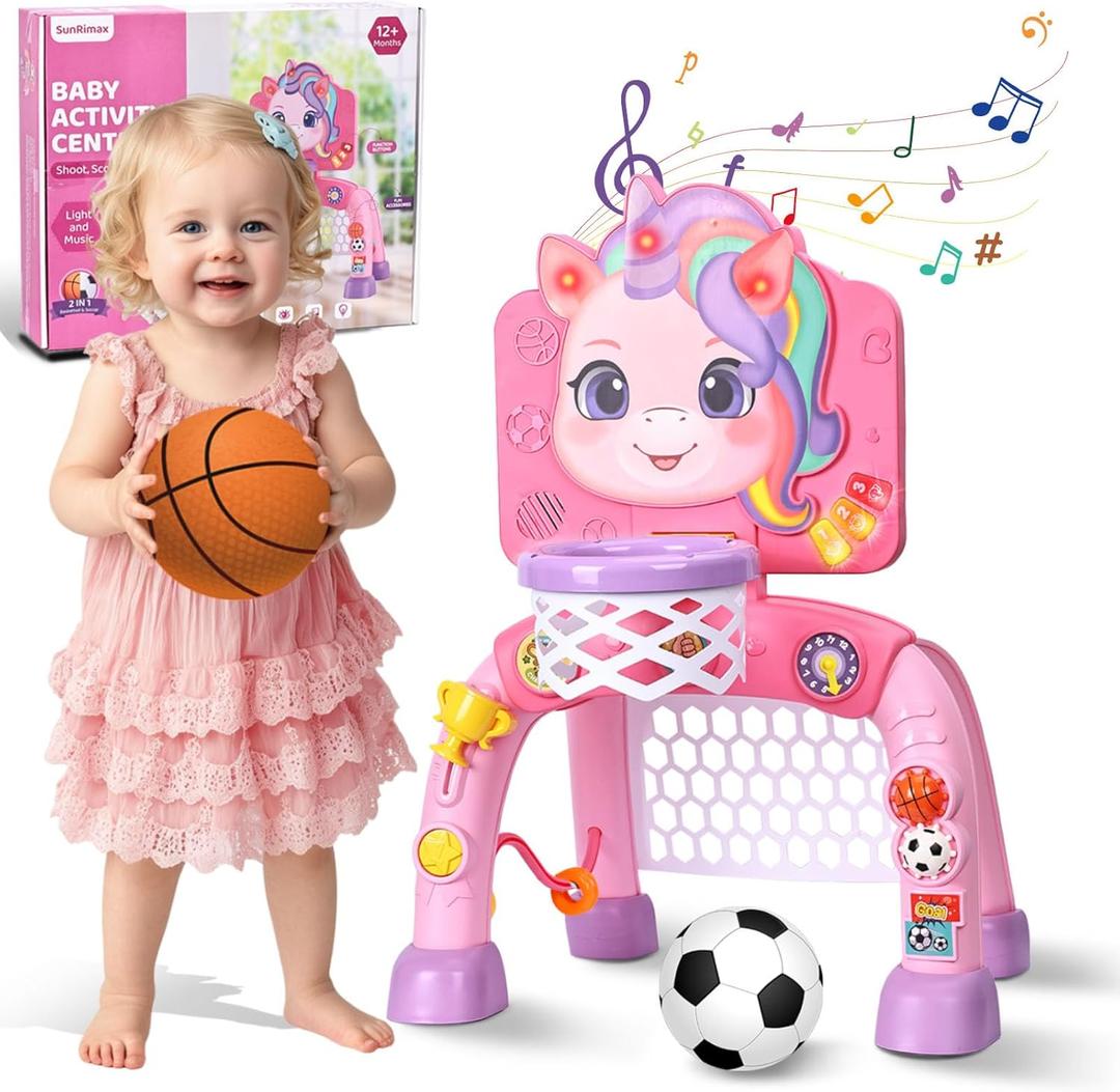 SunRiMax Toddler Basketball Hoop&Soccer Goal,Toys for 1 2 3 Year Old Girls,1+ Year Old Girl Gift 1st Birthday Chirstmas, Baby Sports Toy with Light Sound Music,1218 Months Baby Activity Center
