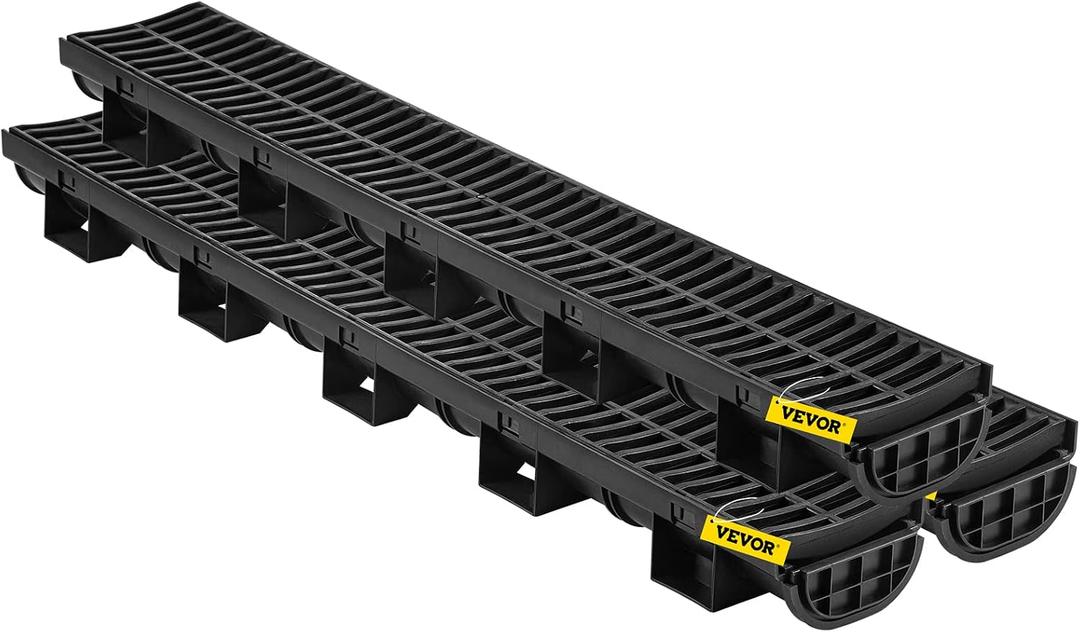 VEVOR Trench Drain System, Channel Drain with Plastic Grate, 5.7x3.1-Inch HDPE Drainage Trench, Black Plastic Garage Floor Drain, 6x39 Trench Drain Grate, with 6 End Caps, for Garden, Driveway-6 Pack