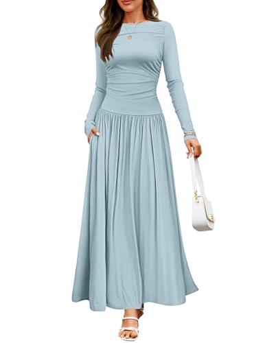 ZESICA Women's Long Sleeve Fall Maxi Dress 2025 Crewneck Knit Casual Slim Swing Pleated Dresses with Pockets,Sky,Small