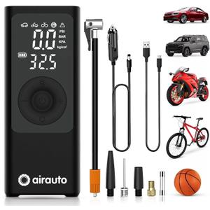 Airauto Tire Inflator Portable Air Compressor - Air Pump For Car Tires with Digital Pressure Gauge, LED Light and Auto Shut-Off Function - Cordless Pump for Car, Motorcycle, Bicycle, Balls and More