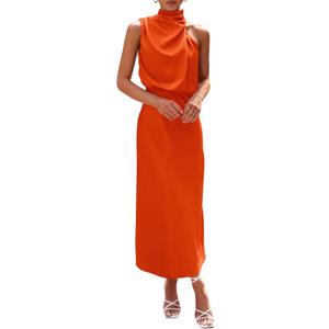 PRETTYGARDEN Women's 2024 Summer Satin Dress Elegant Sleeveless Mock Neck Cocktail Party Maxi Dresses (Orange, Small)
