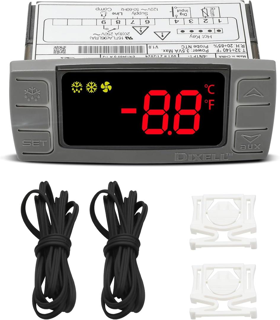 for Dixell XR02CX-4N1F1 Temperature Controller, Replace for Dixell Temperature Controller Fit for 120V 50-60hz Commercial Refrigerators/Freezer, With Temperature Sensor Probes & Clasp