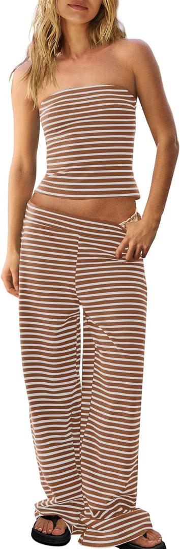 Panadila Womens Striped Two Piece Sets Summer Lounge Outfits Sailor Tube Top and Pants Matching Set Beach Vacation Travel Y2k (Medium, Coffee Brown Combo)
