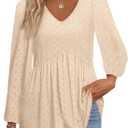 Tankaneo Womens Long Sleeve Shirts V Neck Loose Fit Tunic Tops Babydoll Peplum Top Flowy Dressy Casual Blouse Eyelet T-Shirt (XX-Large)