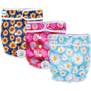 Pet Soft Female Dog Diapers, 3 Pack Washable Dog Diapers for Dogs in Heat Reusable Dogs Period Panties, Puppy Diapers Female (Flower, XS) (X-Small:7''-10'')