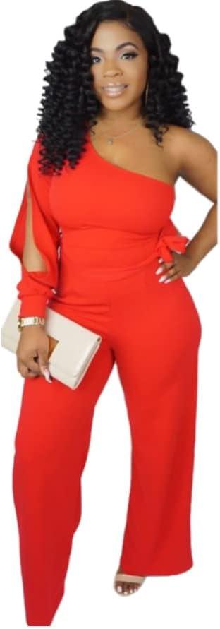 Women's Sexy One Shoulder Slit Sleeve High Waist One Piece Pant Outfit Wide Leg Jumpsuit Romper (Large, Red)