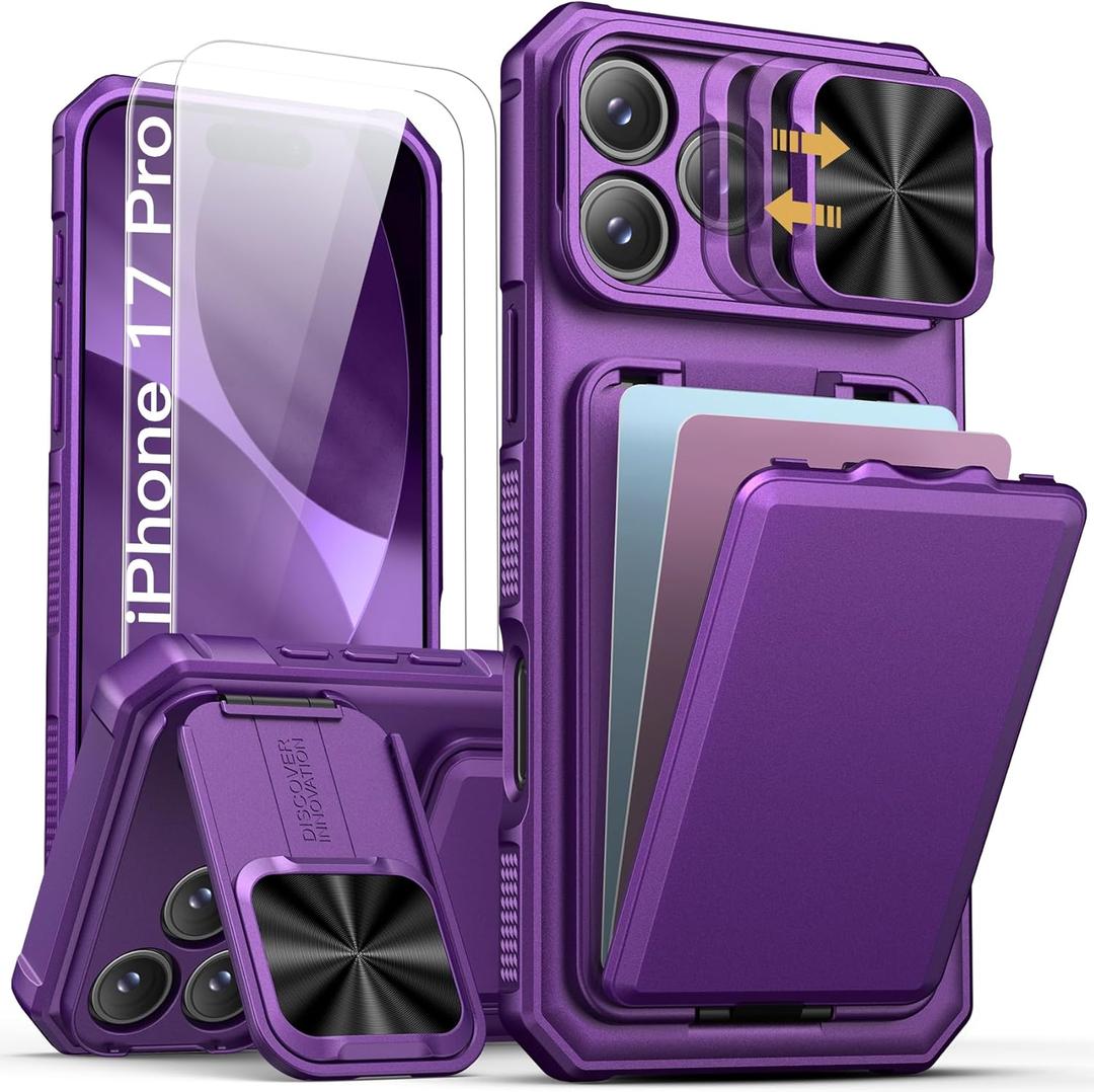 SSLOTSCASE for iPhone 17 Pro Wallet Case with 2X Screen Protector, Card Holder & Slide Lens Cover & Camera Stand & Kickstand, Military-Grade Shockproof Protective Cover for iPhone 17 Pro, Dark Purple