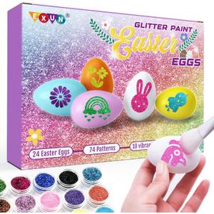 Exun Easter Egg Painting Kit, Arts and Crafts Set with Glitter and Stickers, 24 Eggs, Kids Ages 6-12