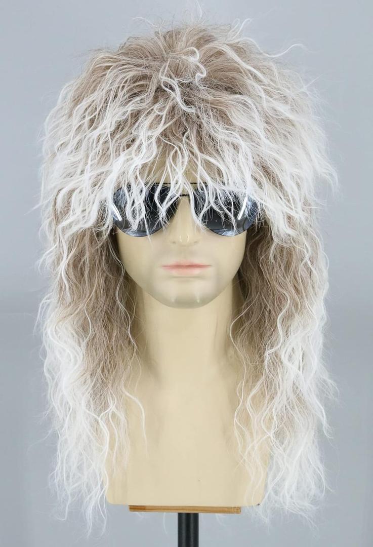 Topcosplay 80s Mullet Wig for Men and Women Rock Disco Wigs Long Curly Brown Gradient White