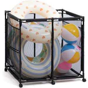 ALIMORDEN Pool Storage Bin, Rolling Mesh Basket Organizer, Metal Frame Container Holder for Swimming Balls, Floats, Toys and Beach Towels, Black (Large)