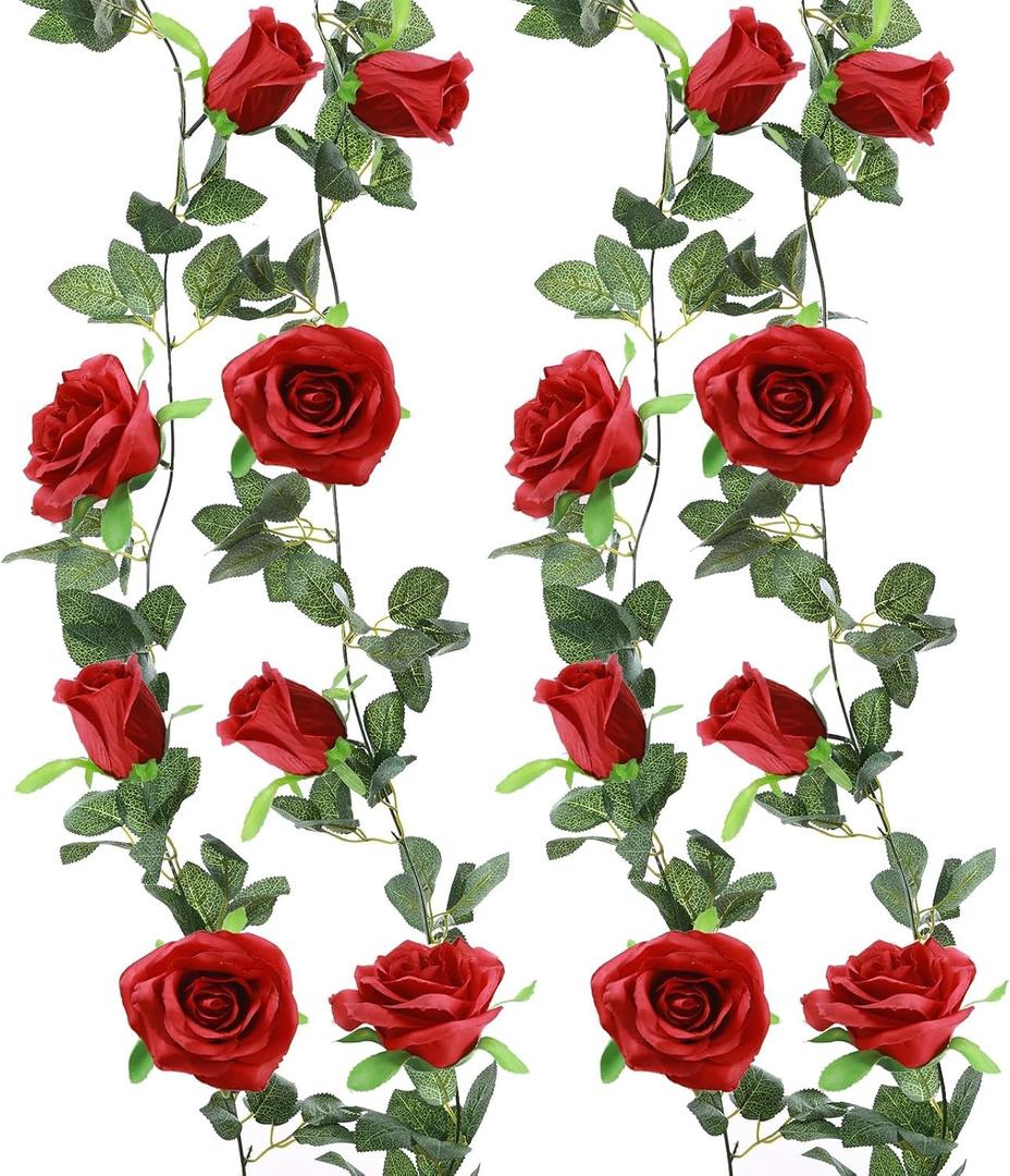 Felice Arts 2 Pack Red Artificial Rose Garland, Each 6.5FT Fake Flower Garland, Hanging Floral Vines for Wedding Table Teepee Mirror Home Party Decor (Burgundy)