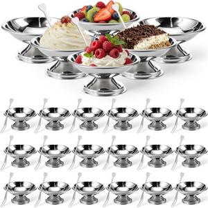 24 Pcs Stainless Steel Ice Cream Bowl Bulk Mini Silver Serving Dessert Cups Round Footed Yogurt Sundae Bowls Metal Snack Dish for Fruit Pudding Wedding Birthday Commercial Party (3.93 Inch)
