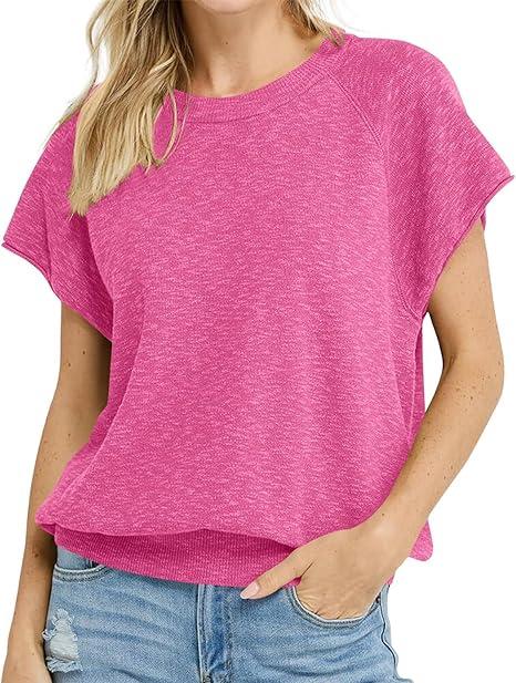 Saodimallsu Womens Short Sleeve Sweater Tops Crew Neck Lightweight Knit Casual Loose Fit Summer Basic T Shirts (Large, Pink)