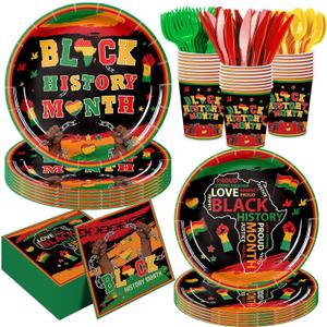 168pcs Black History Month Party Supplies Paper Plates Napkins Disposable Tableware Set African American Black Month Disposable Cups for Juneteenth Freedom Day Party Supplies Serve 24