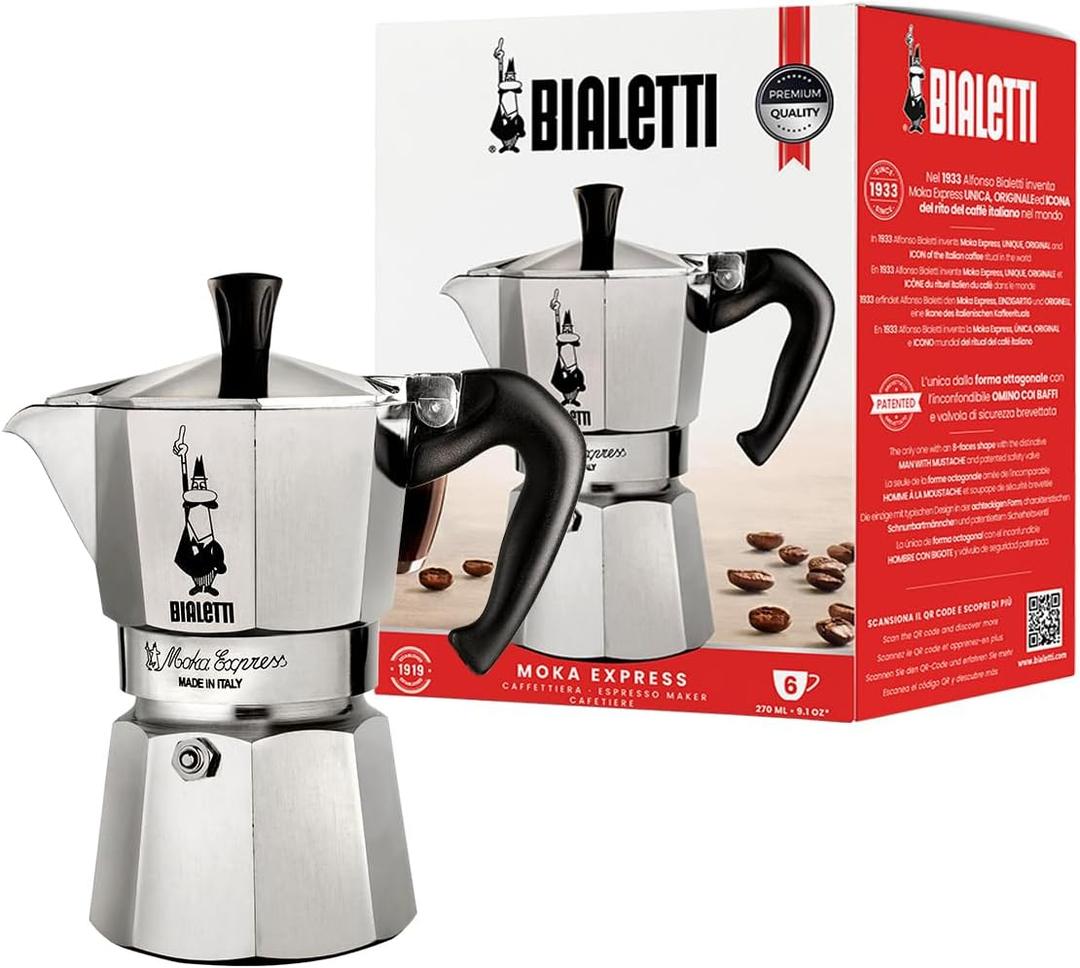 Bialetti Moka Express Iconic Italian Stovetop Espresso Maker (Natural Silver, 6 Cups)
