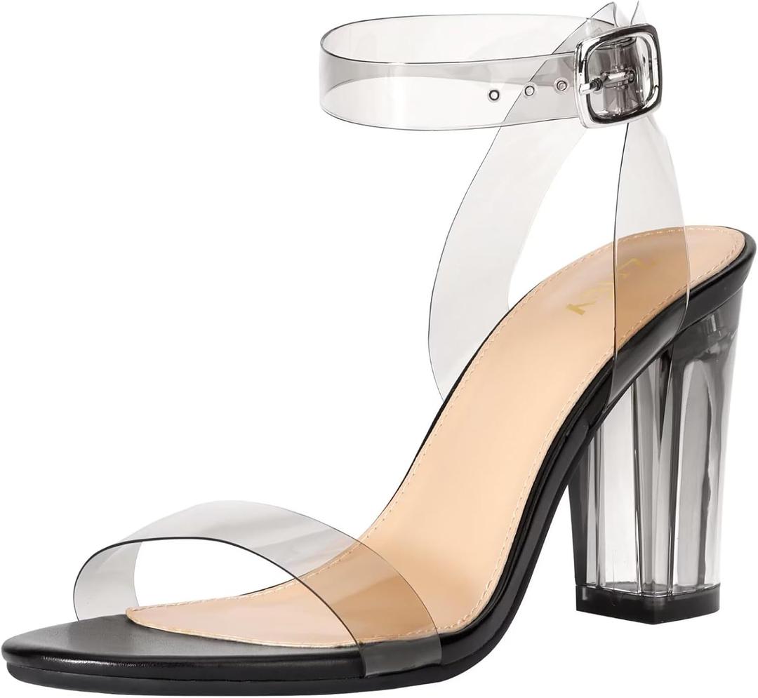 ZriEy Clear Block Sandals Chunky Heels for Women 3.35 Inch Open Toe Adjustable Ankle Strap Pump Sandals for Weddings Parties Daily Wear (New Black Clear)
