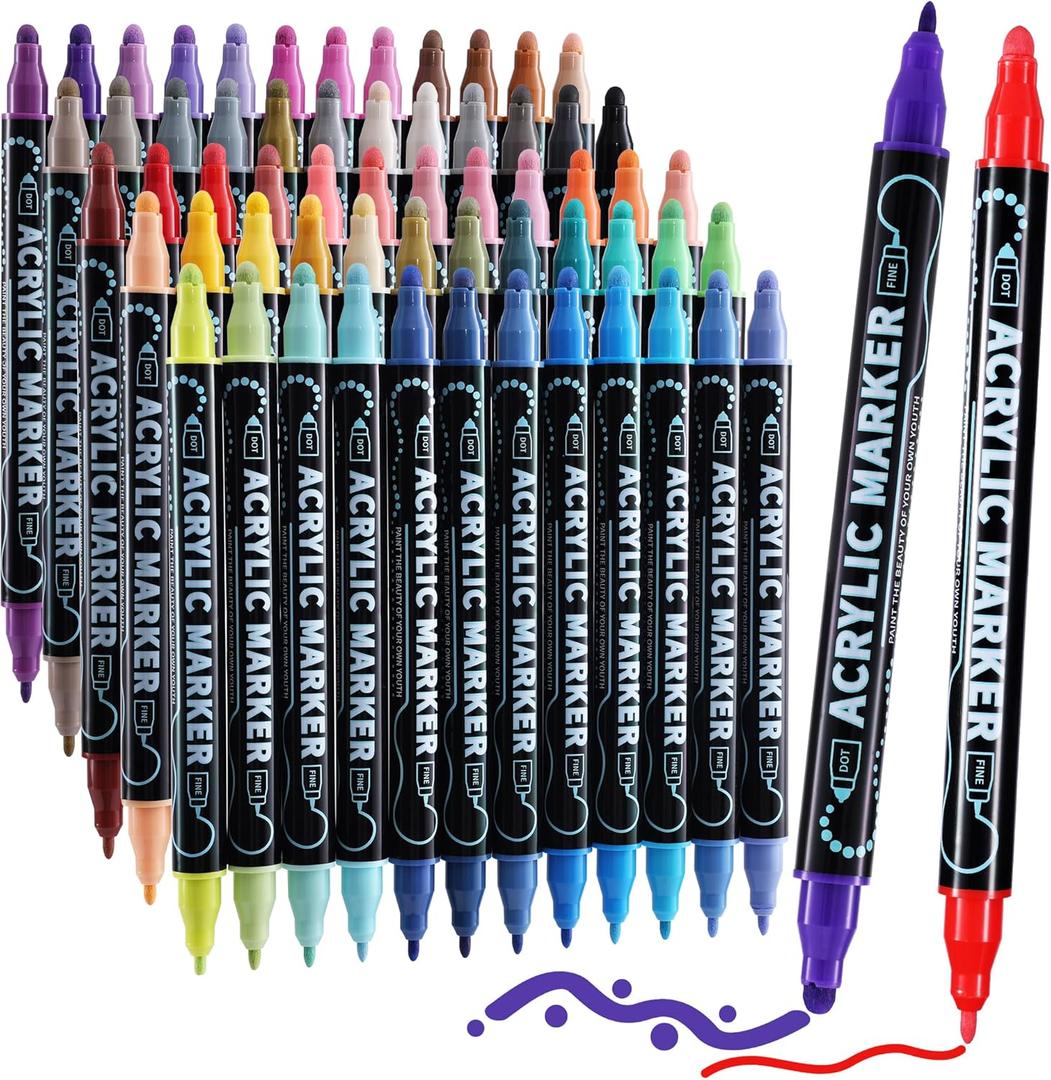 60 Colors Dual Tip Acrylic Paint Markers, Premium Dot & Fine Tip Coloring Paint Pens for Rock, Wood, Fabric, Canvas, Glass, Paper, Ceramic, Scrapbook, Vision Board and DIY Crafts Supplies Art Gifts