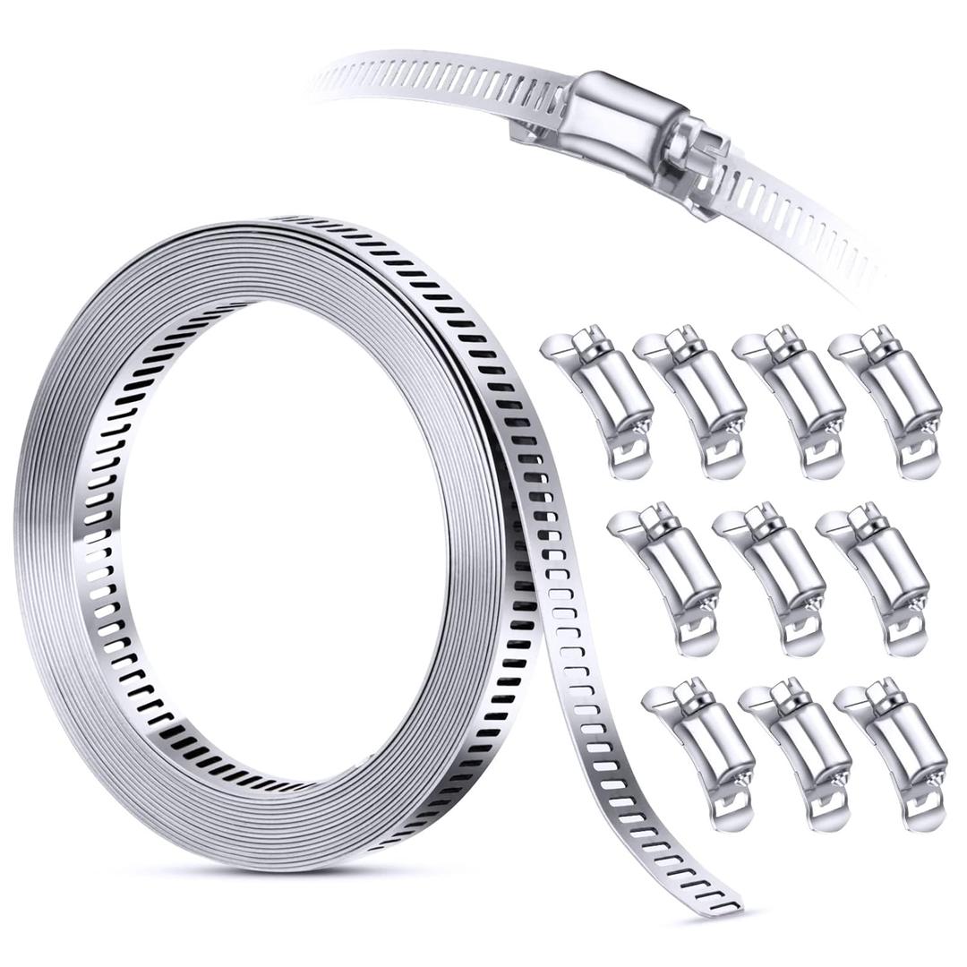 304 Stainless Steel Hose Clamps Assortment Rack, Large Adjustable Worm Drive Hose Clamp Band Duct Pipe Clamp, Metal Strapping, Automotive Muffler Exhaust Wrap,12FT Metal Straps+10 Fasteners