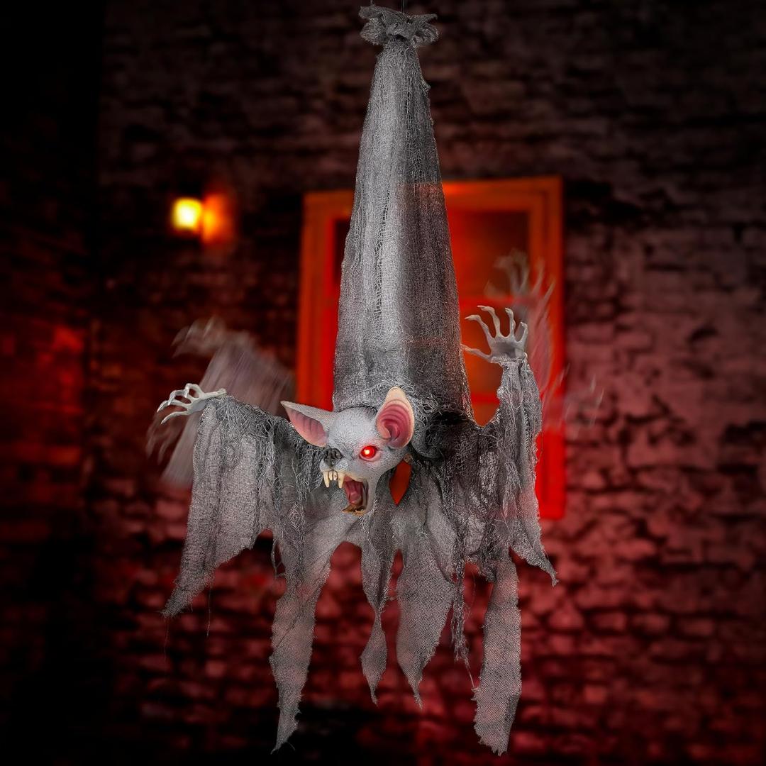 Halloween Animatronics 3ft Bat Reaper, Spooky Hanging Animated Animal Prop with Sound & Touch Activated, Light Up Eyes, Creepy Voice, Scary Move, Haunted Horror Decorations for Indoor, Outdoor, Yard
