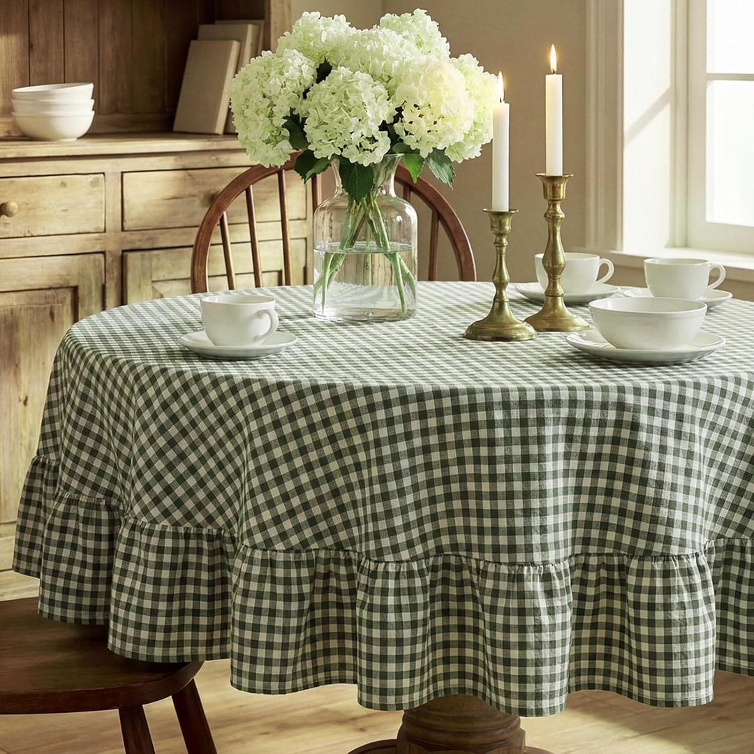 Mindsoft Green Gingham Ruffled Tablecloth 70 x 70 Inches Round Cotton Linen Checkered Table Cloth Buffalo Plaid Farmhouse Vintage Decorative Tablecover for Picnic Kitchen Dining Room Home Party