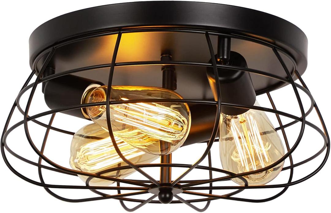 Farmhouse Flush Mount Ceiling Light Black Ceiling Light Fixtures 3-Light Industrial Flush Mount Ceiling Light Metal Cage Ceiling Lights for Kitchen Bedroom Living Room Hallway Foyer(E26 Base)