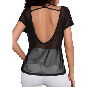 OYOANGLE Women's Criss Cross Open Back Sheer Sports Shirts Short Sleeve Crew Neck Workout Tops (Black, M)