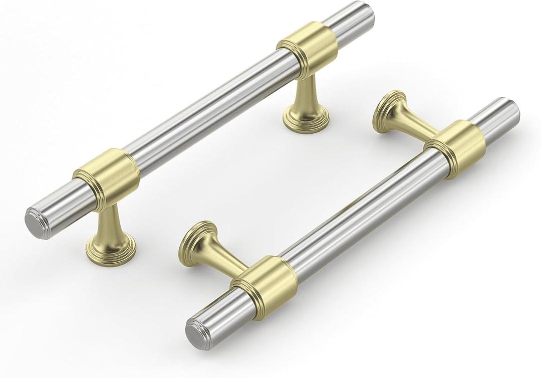 Haliwu 10 Pack Brushed Gold and Nickel Cabinet Pulls, 3 Inch Hole Center Drawer Handles, Two Colors Zinc & Aluminum Alloy for Bathroom and Kitchen Hardware