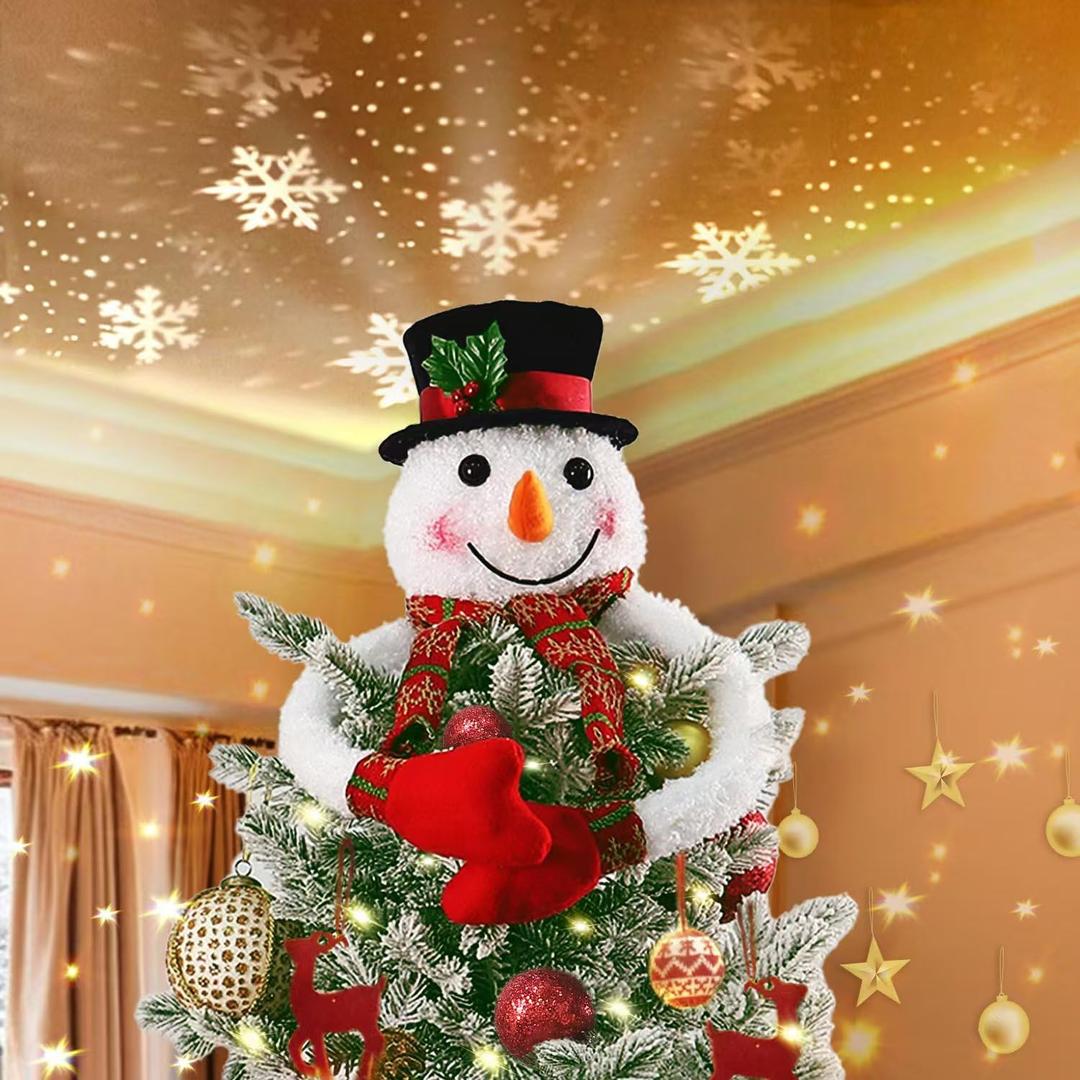 Christmas Snowman Tree Topper Projector, Lighted 3D Snowman Hat with Rotating LED Snowflake Projection, Unique Holiday Tree Decoration for Christmas Party, Home Festive Dcor