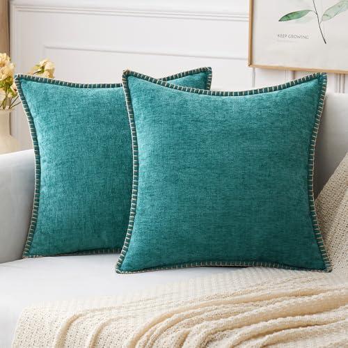 MIULEE Pack of 2 Couch Throw Pillow Covers 20x20 Inch Teal Farmhouse Decorative Pillow Covers with Stitched Edge Soft Chenille Solid Dyed Spring Pillow Covers for Sofa Bed Living Room