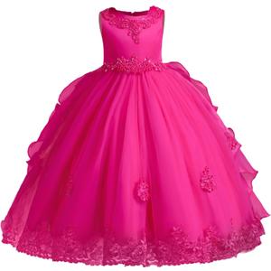 Flower Girls Dresses for Wedding Vintage Floral Lace Princess Long Dress Kids Beaded Embroidered Floral Bridesmaid Pageant Dress Puffy Evening Prom Formal Dance Party Maxi Gown Hot Pink 4-5 Years