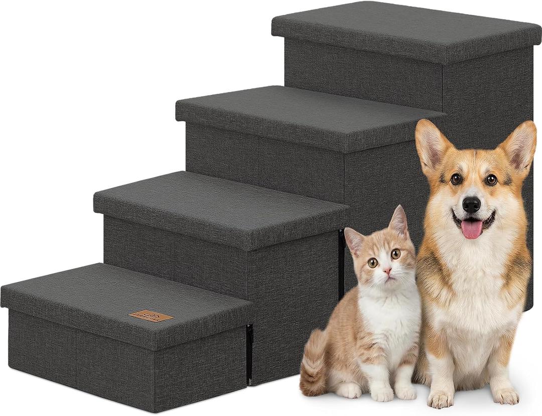 Zerbuger Dog Stairs with Storage, Dark Grey 4 Steps Dog Ramp no Condo