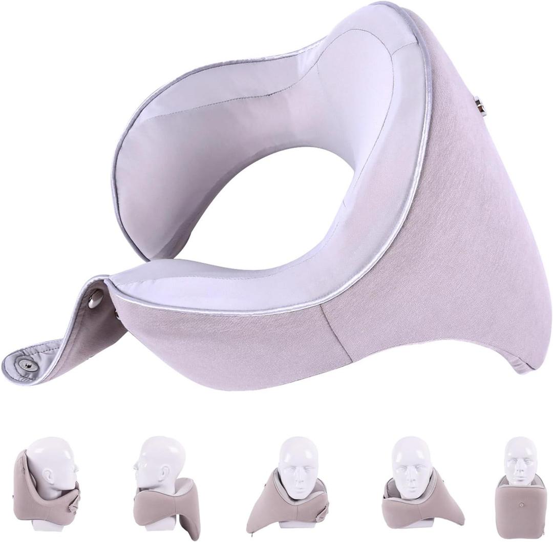 Travel Pillow Adjustable Memory Foam Neck Pillows Chin Neck Back Support for Sleeping Airplane Car Bus Home Office Gaming Travel Accessories, Grey (Large)