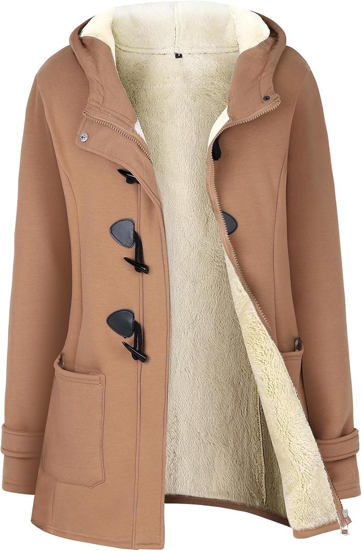 Gihuo Winter Jackets for Women Sherpa Lined Jacket Women Duffle Toggle Coat Hooded Fleece Jacket (Large, Khaki)