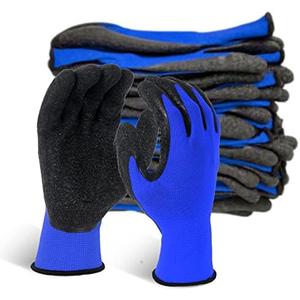 Evridwear Crinkle Latex Rubber Hand Coated Safety Work Gloves for Men Women General Multi Use Construction Warehouse Gardening Assembly Landscaping (Large, Blue- 12Pair)
