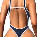 Foxiny Sexy Backless Cheeky High Cut Leg Thong V Neck One Piece Swimsuit, L, Blue 