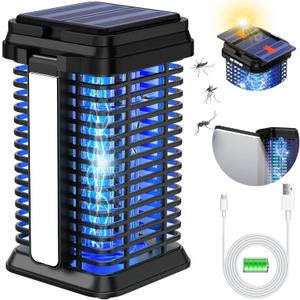 Rechargeable Solar Bug Zapper Outdoor & Indoor, Fruit Fly Trap, Mosquito Gnat Moths Catcher, 4200V Grid, USB Charging, 5000mAh Battery, Fit for Home, Kitchen, Backyard, Camping, Patio, Black