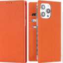 iCoverCase Compatible iPhone 15 Pro Wallet Case, RFID Blocking Genuine Leather Magnetic Flip Cover Case with Wrist Strap, Card Slots & Kickstand Feature - 6.1 Inch (Orange)