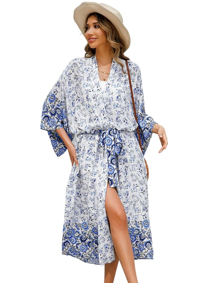 R.Vivimos Women's Vintage Floral Print Beach Boho Cardigan Kimono Maxi Swimwear Cover up Dress Wrap Small S