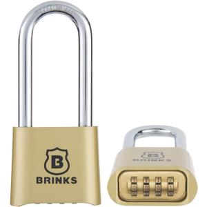 Brinks 671-49002 50mm 4-Dial Resettable Combination Lock with Chrome Plated Boron Steel Shackle and 2 3/8" Shackle Clearance, Brass Plated