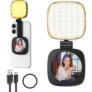 Magnetic Selfie Light for Phone: 5 Led Mode with Mirror Compatible for iPhone & Android - Rechargeable Portable Fill Light for Photography/Video Recording/Conference/Vlog/Makeup (Black)