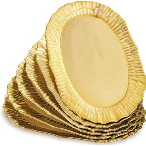 6 Pack Plastic Serving Tray, Gold Serving Platter Set, Reusable Party Snack Serving Tray, Decorative Food Appetizer Platters for Dessert Table, Cupcake, Charcuterie, Cookies, 14" x 8.5"